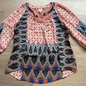 Fig Flowers Top Women Medium Tunic Sheer Geometric Balloon Sleeve Boho